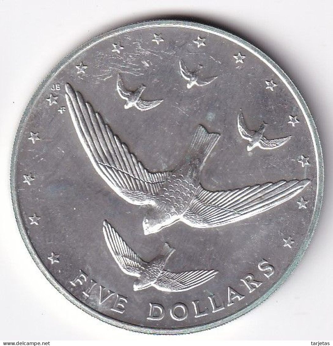 MONEDA DE PLATA DE COOK ISLANDS DE 5 DOLARES AÑO 1977 (SILVER-ARGENT ) PAJARO-BIRD - Cookinseln