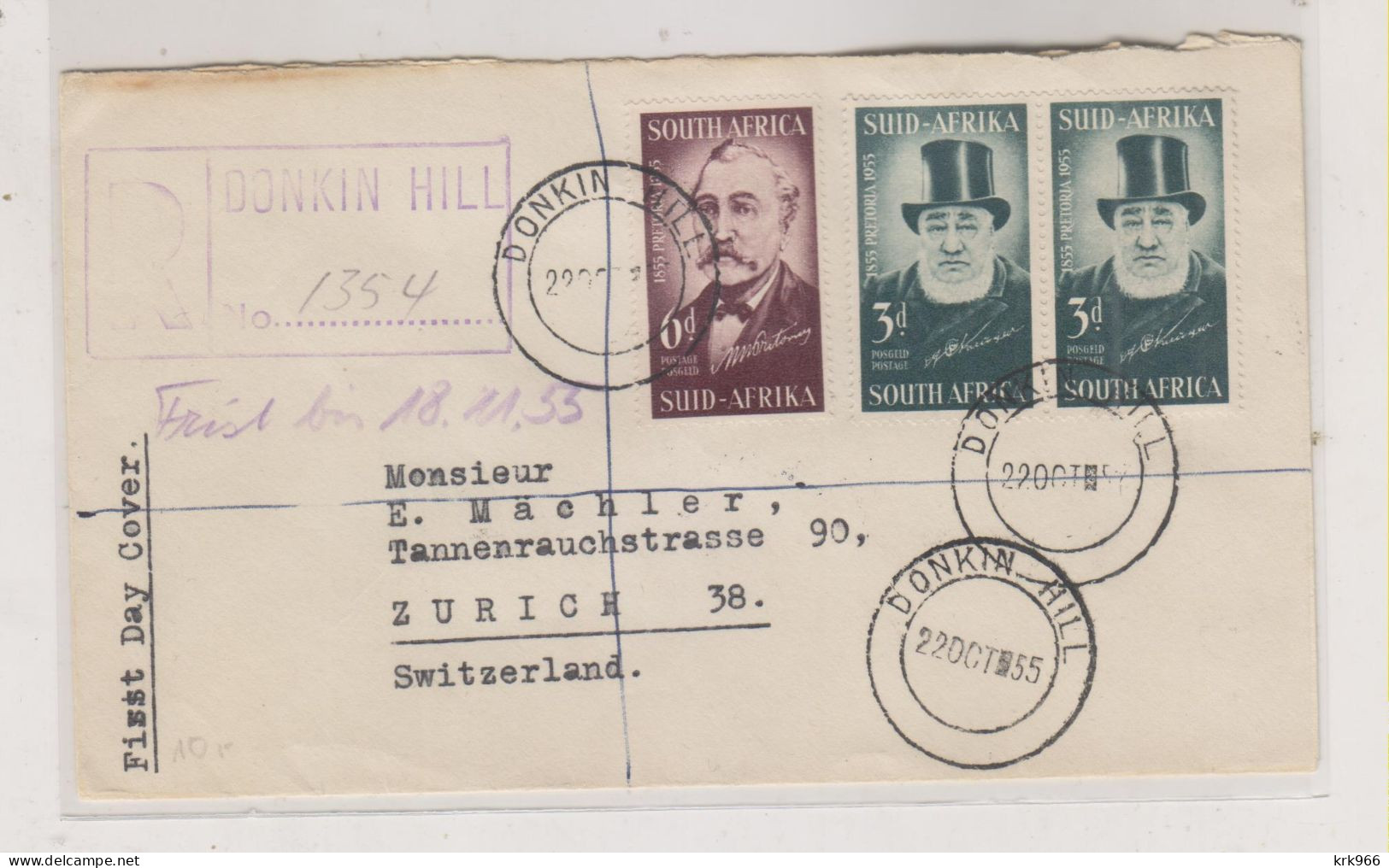 SOUTH AFRICA 1955 DONKIN HILL  Nice Registered FDC Cover To Switzerland - Poste Aérienne