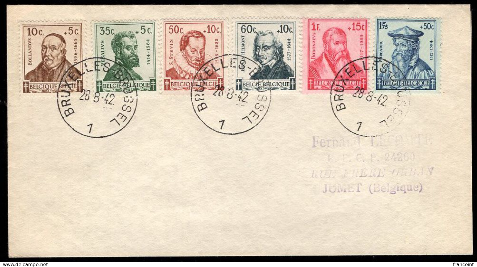 BELGIUM(1942) Bollandus. Vesalius. Stevin. Helmont. Dodones. Mercator. First Day Cover. Scott Nos B319-26, Yvert Nos 593 - ....-1951