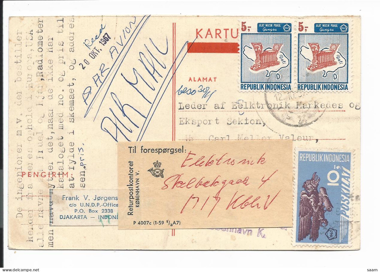 Indonesien P? Postkartenformular Ohne Wertangabe 1967 Mit 20 S. Marken N. Dänemark Per Lp, Retour Da Adresse Ungenügend - Indonésie