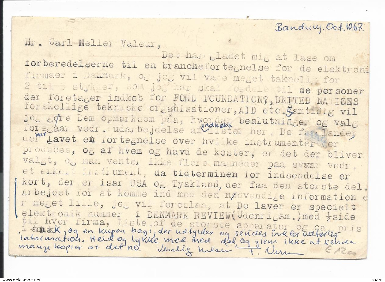 Indonesien P? Postkartenformular Ohne Wertangabe 1967 Mit 20 S. Marken N. Dänemark Per Lp, Retour Da Adresse Ungenügend - Indonésie