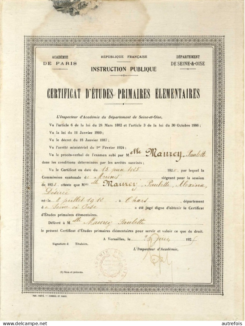 CERTIFICAT D ETUDES PRIMAIRES ELEMENTAIRES DEPARTEMENT DE SEINE ET OISE  -  MAUREY PAULETTE VERSAILLES 1925 - Diplômes & Bulletins Scolaires