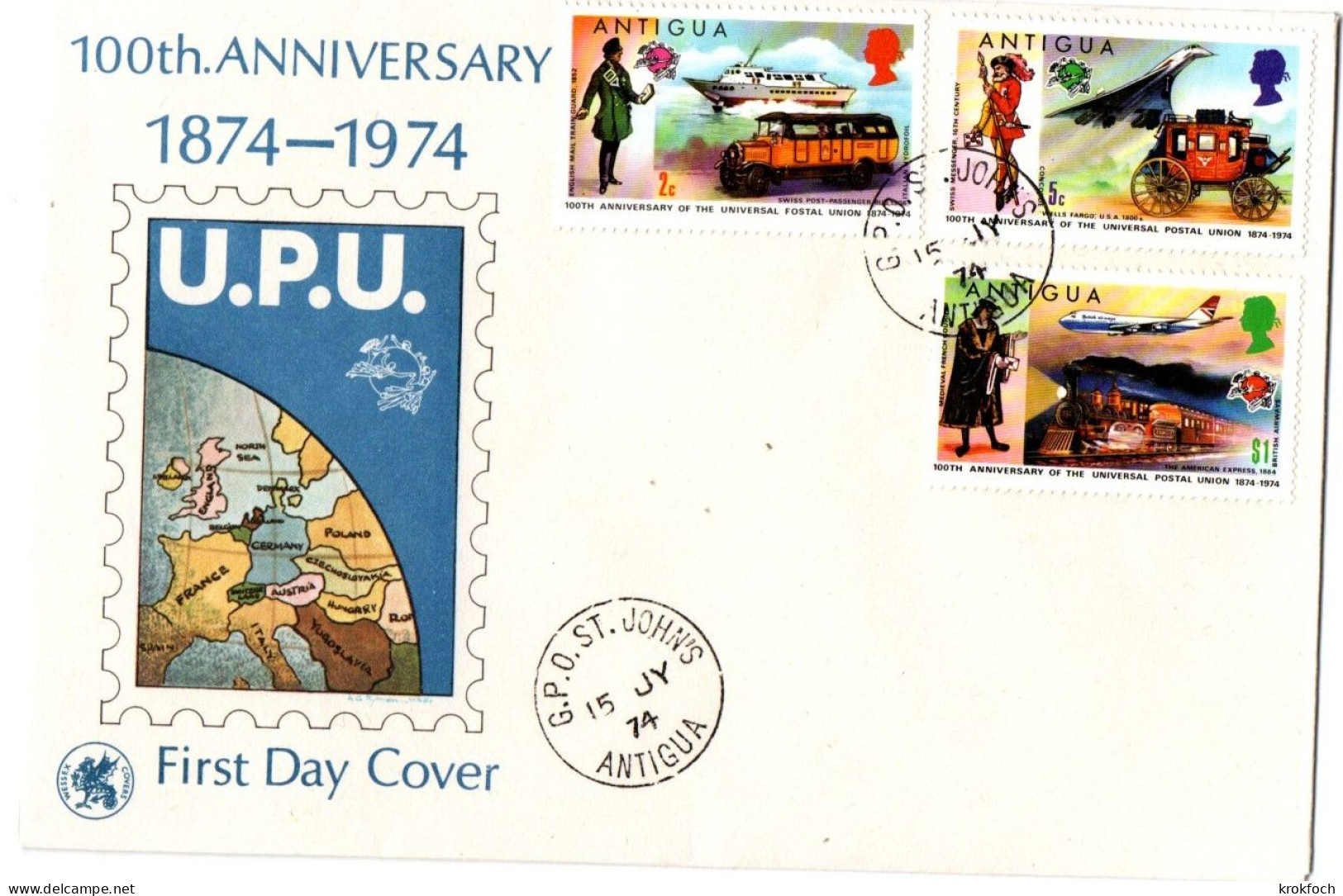 Antigua 1974 - FDC Concorde Boeing 747 UPU Train Diligence Autocar - Wells Fargo Zug Railway Hydroglisseur - 1960-1981 Autonomia Interna