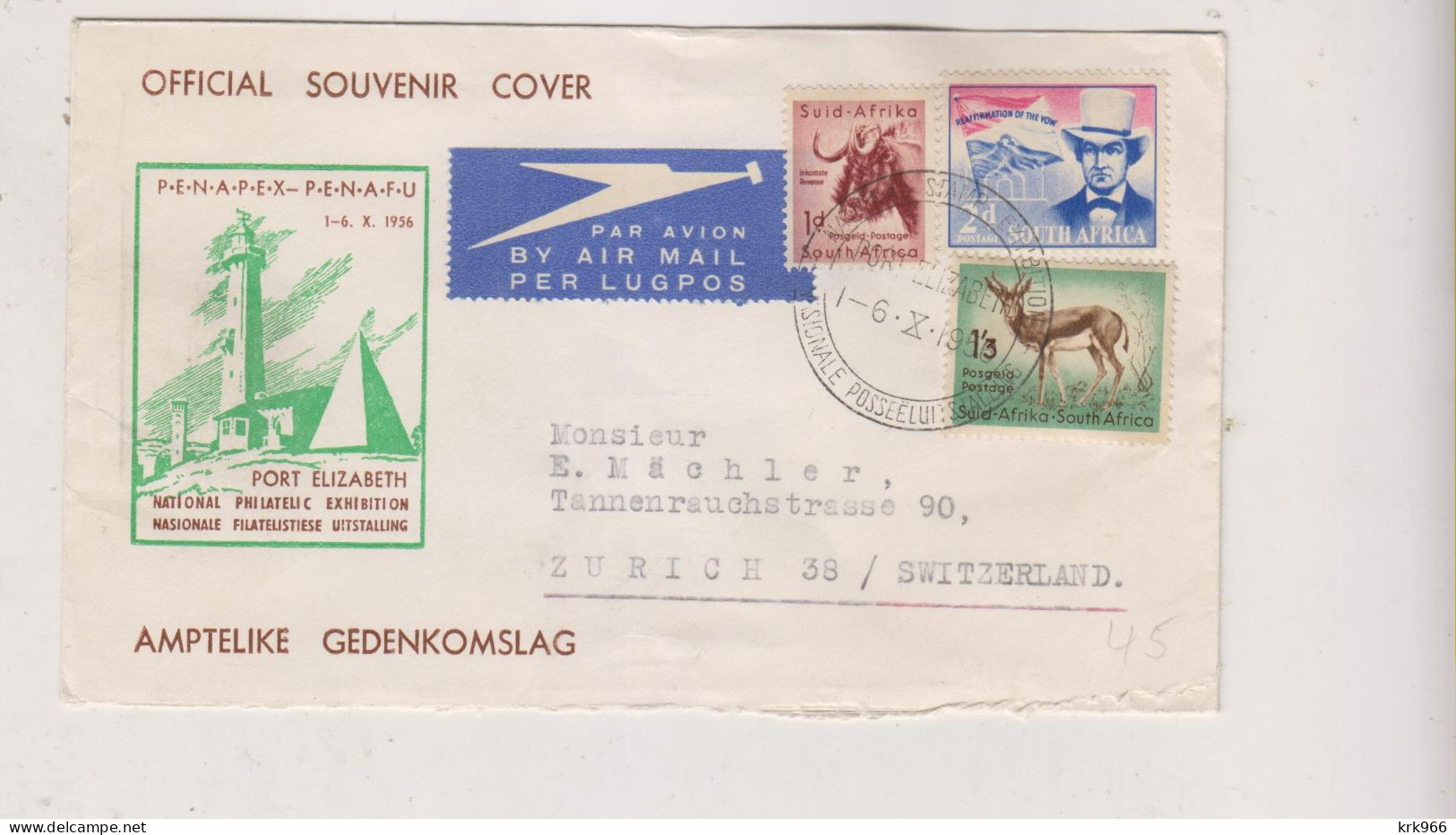 SOUTH AFRICA 1956 PORT ELIZABETH  Nice Airmail  Cover To Switzerland - Aéreo