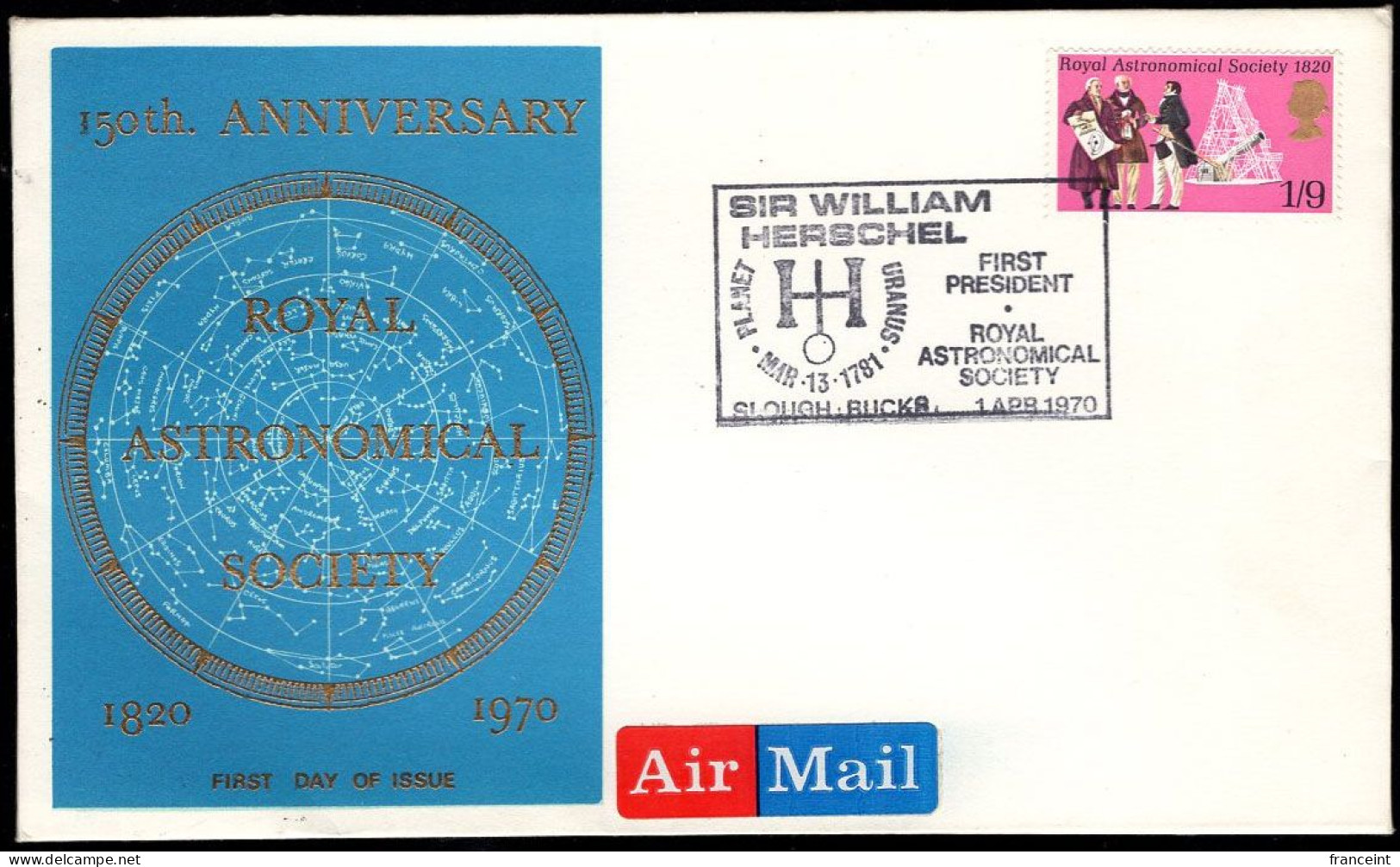 GREAT BRITAIN(1970) Herschel. Unaddressed FDC With Cachet And Thematic Cancel. Scott No 616. Discovery Of Uranus. - 1952-1971 Pre-Decimal Issues