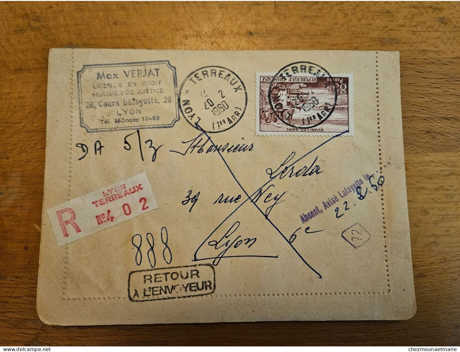 1960 REC 402 LYON TERREAUX °1193 RETOUR NON RECLAME LAFAYETTE 72 LOSANGE ABSENT CAD - Covers & Documents