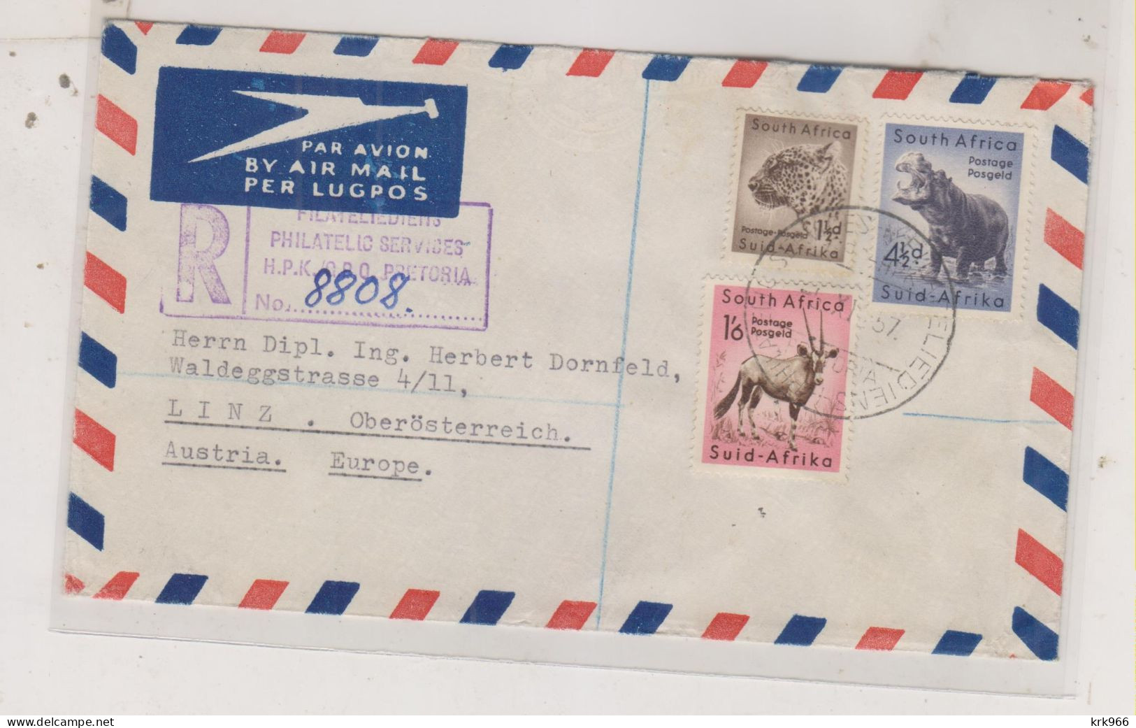 SOUTH AFRICA 1957 PRETORIA  Nice Registered  Airmail Cover To Austria - Poste Aérienne