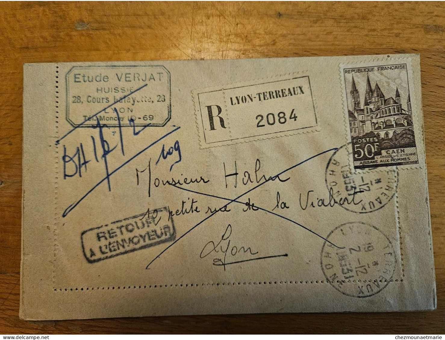 1953 REC 2084 LYON TERREAUX N°917 RETOUR ARRIVEE NON RECLAME LAFAYETTE CAD - Lettres & Documents