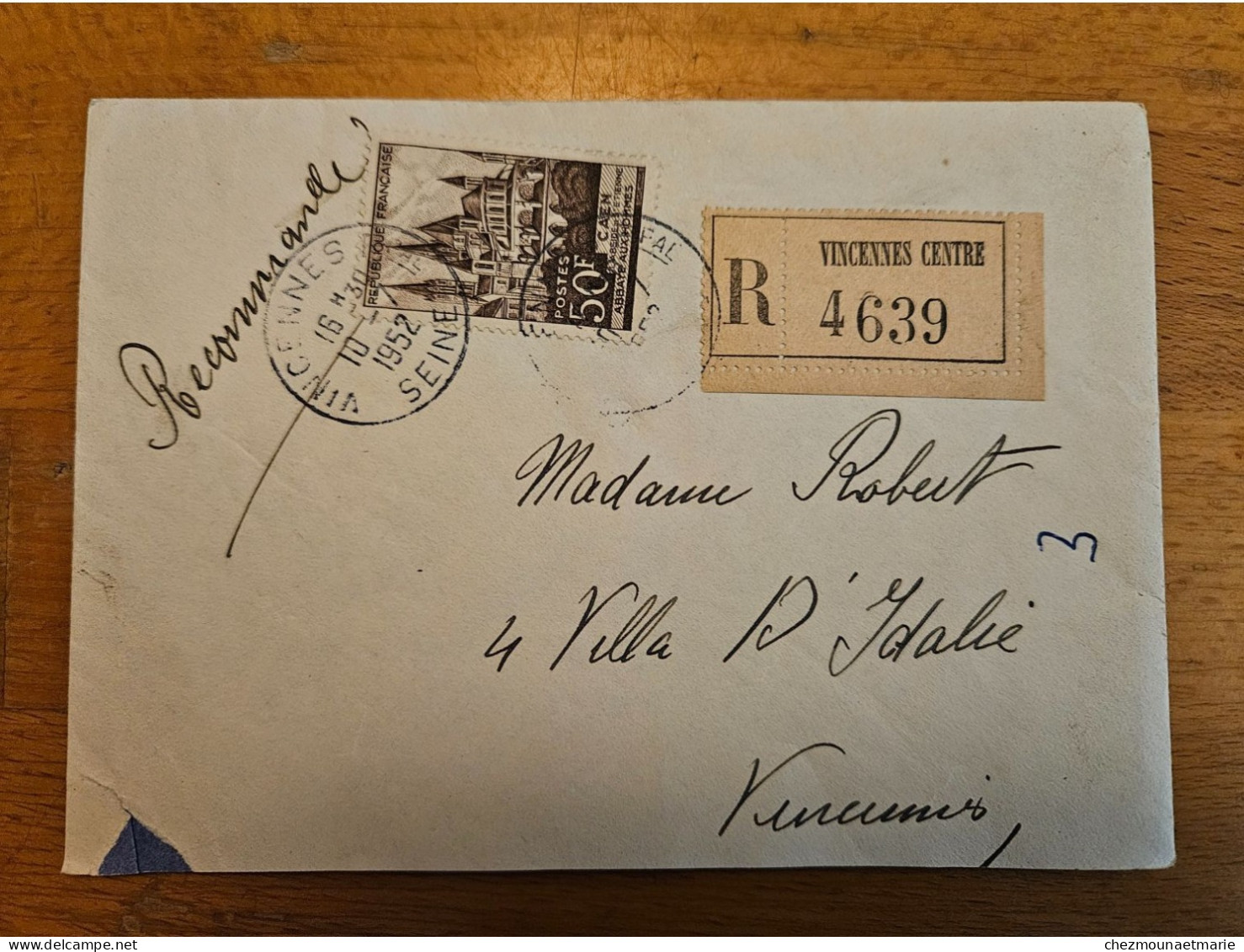 1952 REC 4639 VINCENNES CENTRE N°917 CAD ENVELOPPE - Lettres & Documents