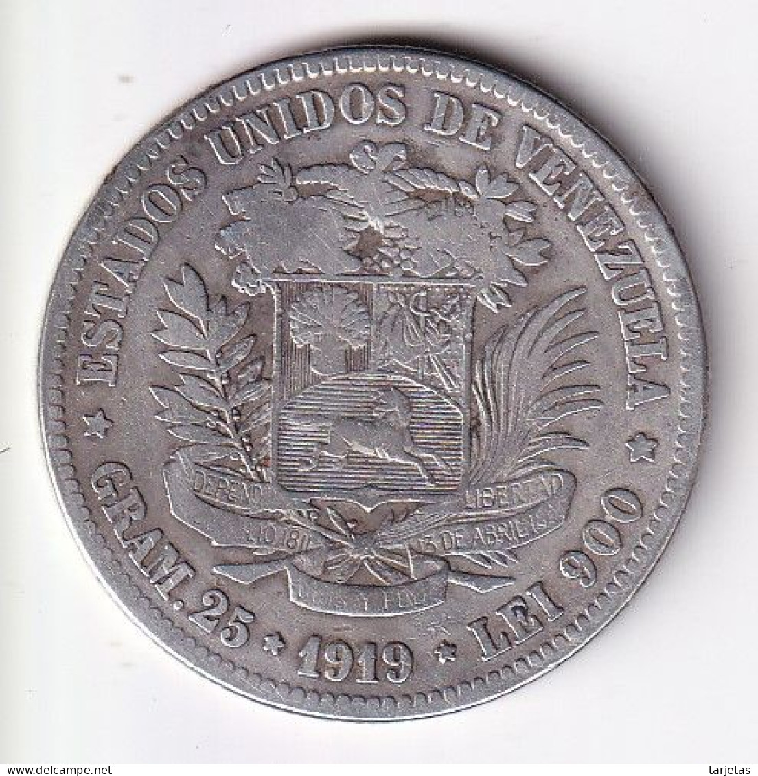 MONEDA DE PLATA DE VENEZUELA DE 5 BOLIVARES DEL AÑO 1919  (COIN) SILVER,ARGENT. - Venezuela