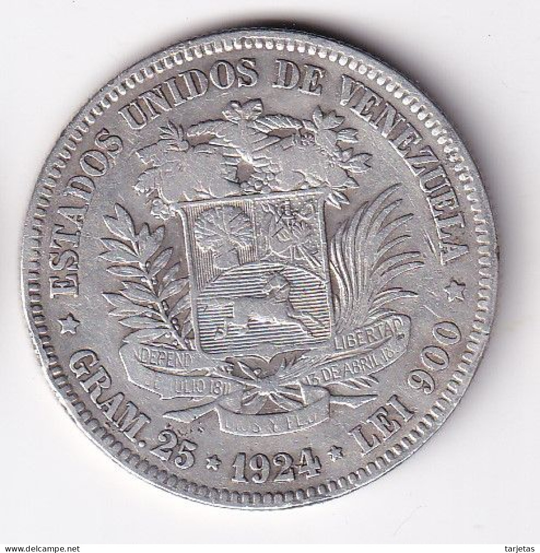 MONEDA DE PLATA DE VENEZUELA DE 5 BOLIVARES DEL AÑO 1924  (COIN) SILVER,ARGENT. - Venezuela