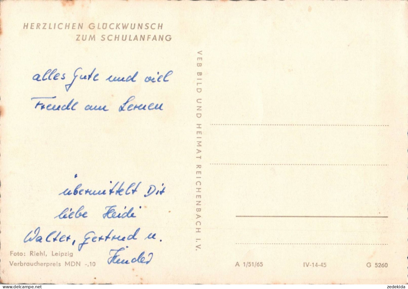 G8193 - Glückwunschkarte Schulanfang - Junge Mädchen Zuckertüte - Verlag Reichenbach DDR - Einschulung