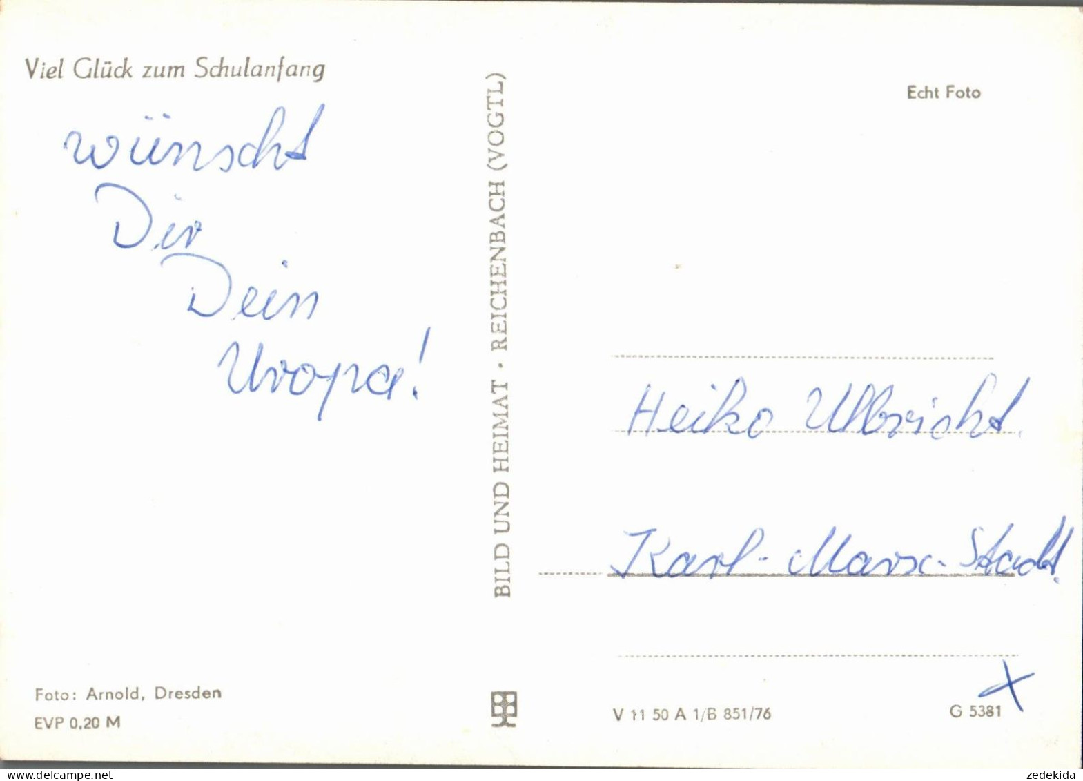 G8194 - Glückwunschkarte Schulanfang - Junge Mädchen Zuckertüte - Verlag Reichenbach DDR - Einschulung