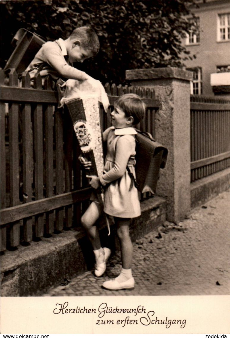 G8207 - Glückwunschkarte Schulanfang - Mädchen Junge Kinder Zuckertüte - Verlag Erhard Neubert DDR - Einschulung