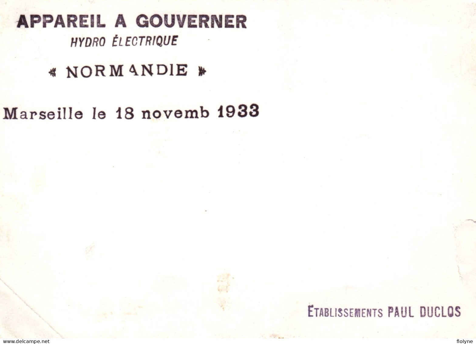 Marseille - Photo Ancienne - établissement Paul DUCLOS - Appareil à Gouverner Hydro électrique NORMANDIE 1933 - Joliette, Zone Portuaire