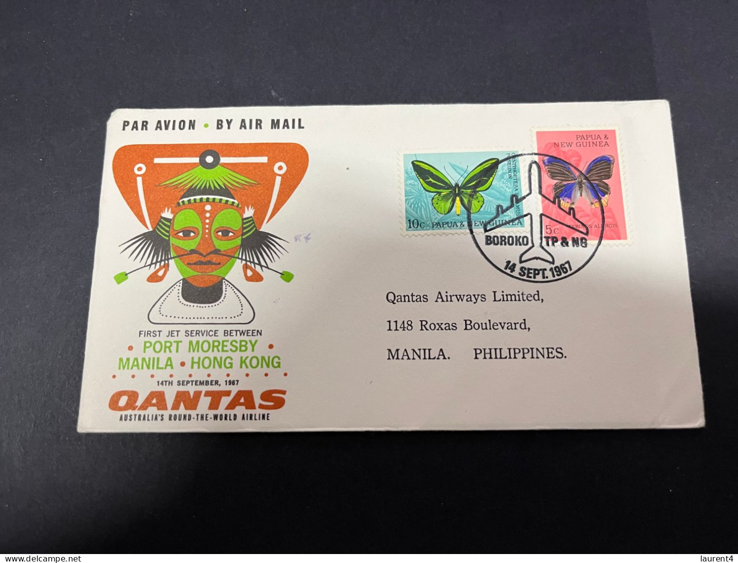 4-12-2023 (1 W 18) Papua New Guinea 1967 Cover (Butterfly Stamp)- QANTAS 1st Flight Port Moresbi - Manila - Hong Hong - Andere (Lucht)