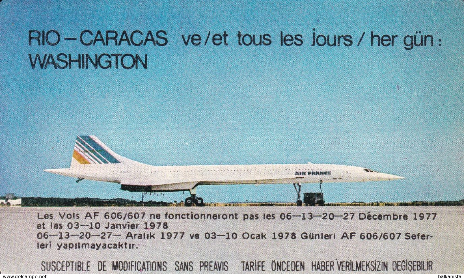 Air France Horaire D'Hiver Turquie 1977/1978 Card 7x11.5 Cm - Europe