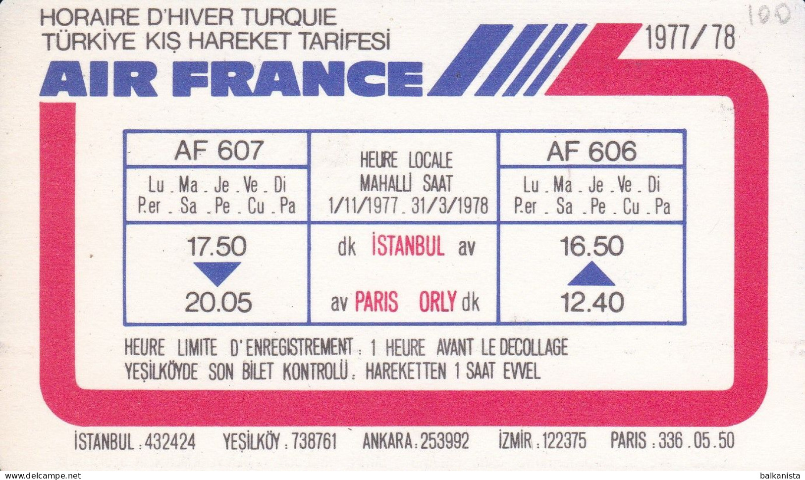 Air France Horaire D'Hiver Turquie 1977/1978 Card 7x11.5 Cm - Europe