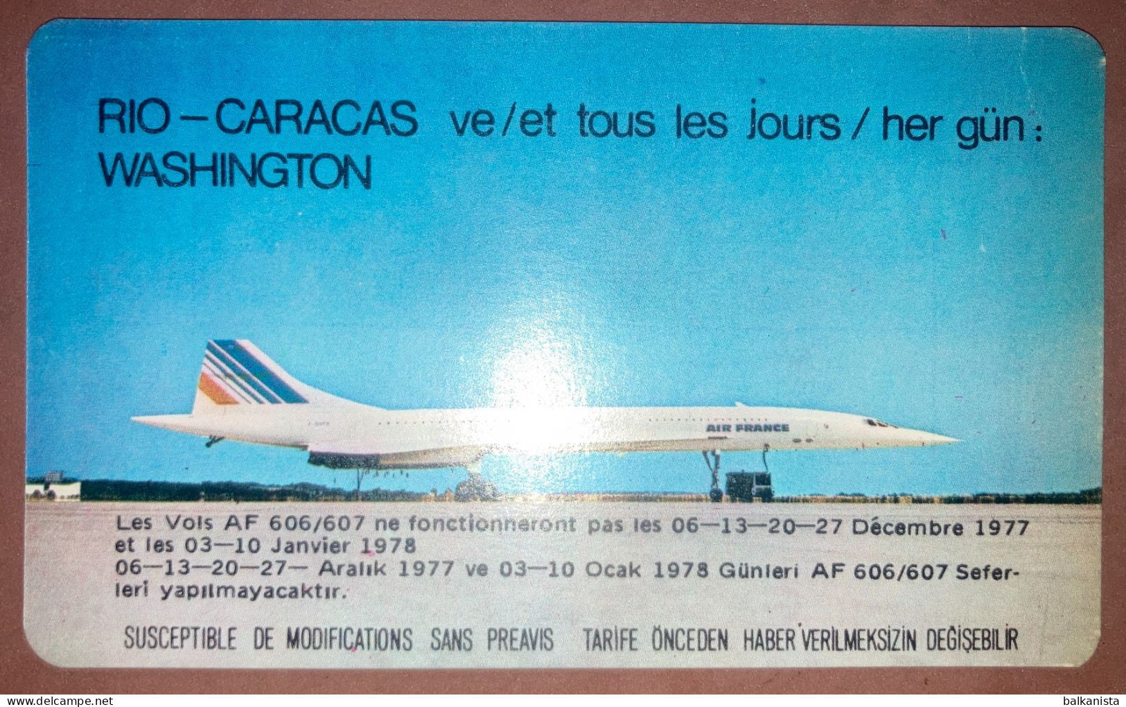 Air France Horaire D'Hiver Turquie 1977/1978 Card 7x11.5 Cm - Europa