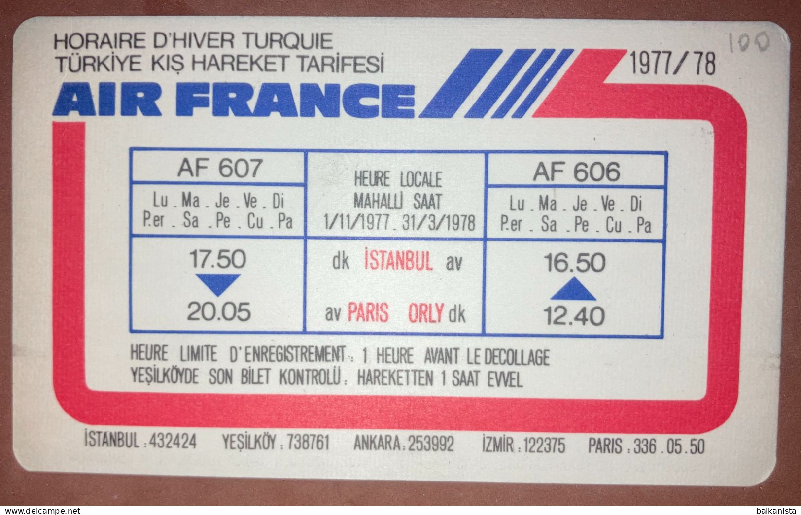 Air France Horaire D'Hiver Turquie 1977/1978 Card 7x11.5 Cm - Europe