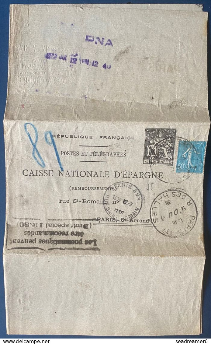 France 1938 Entier Postal Chaplain 1.50 F Noir +50 C Semeuse Format 278 X 238 Mm. + Griffe Pour La Recommandation CHA P4 - Pneumatic Post