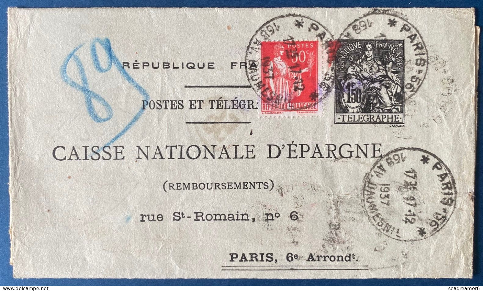 France 1937 Entier Postal Chaplain 1.50 F Noir + 50 C Paix Rouge Format 278 X 238 Mm. CHA P4 TTB - Pneumatiques