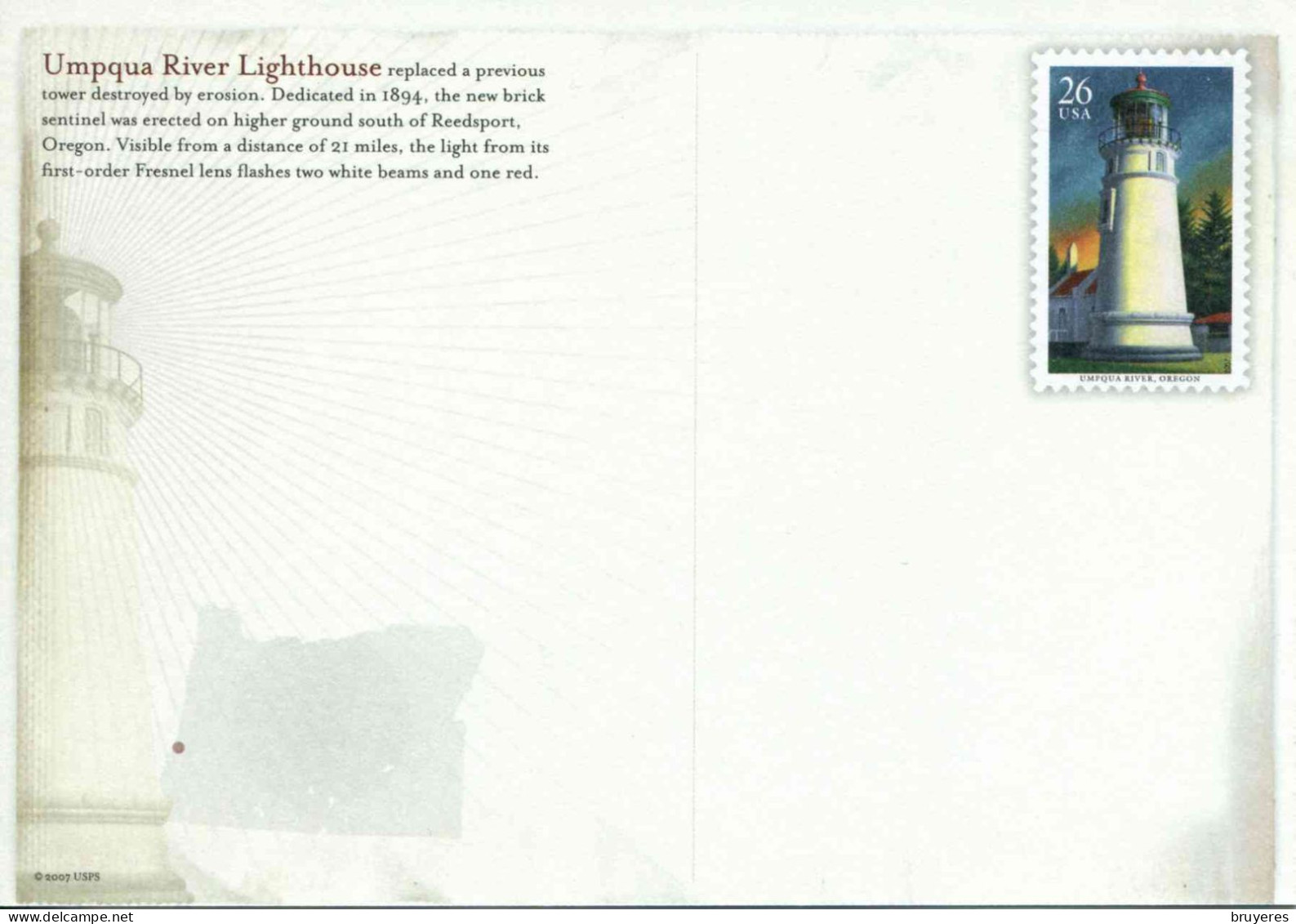 ENTIER POSTAL De 2007 Sur CP Des US Avec Timbre Et Illust. "PHARE DE UMPQUA RIVER De 1894, OREGON" - 2001-10