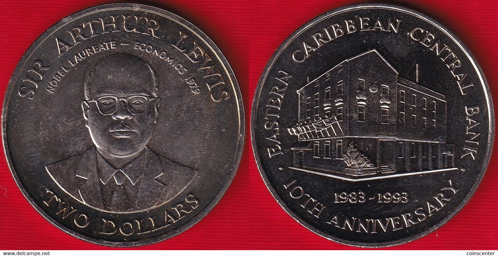 East Caribbean States 2 Dollars 1993 Km#24 "Central Bank - Sir Arthur Lewis" UNC - Caribe Oriental (Estados Del)