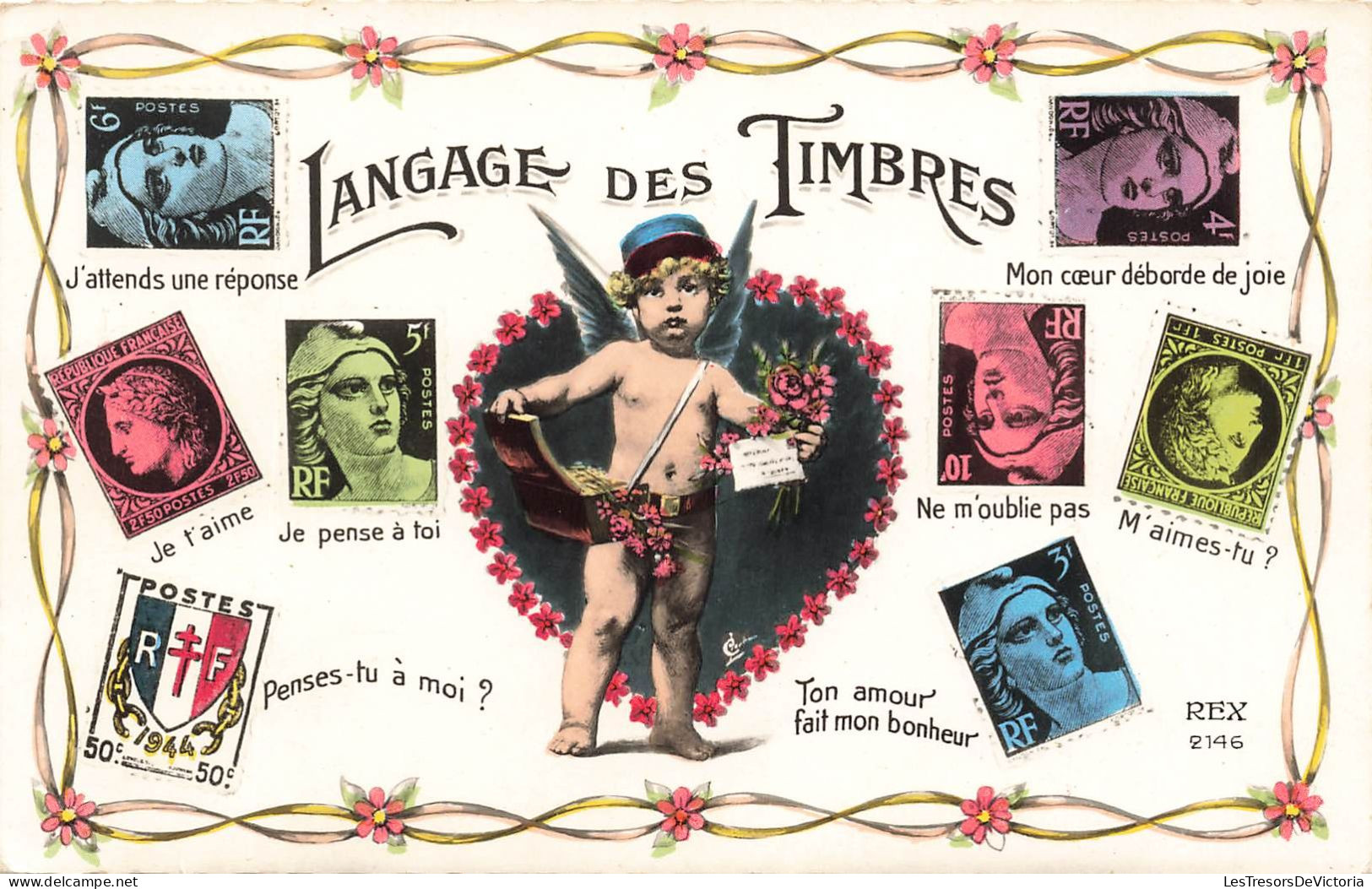 TIMBRES - Langage Des Timbres - J'attends Une Réponse - Je T'aime - Je Pense à Toi - Carte Postale Ancienne - Postzegels (afbeeldingen)