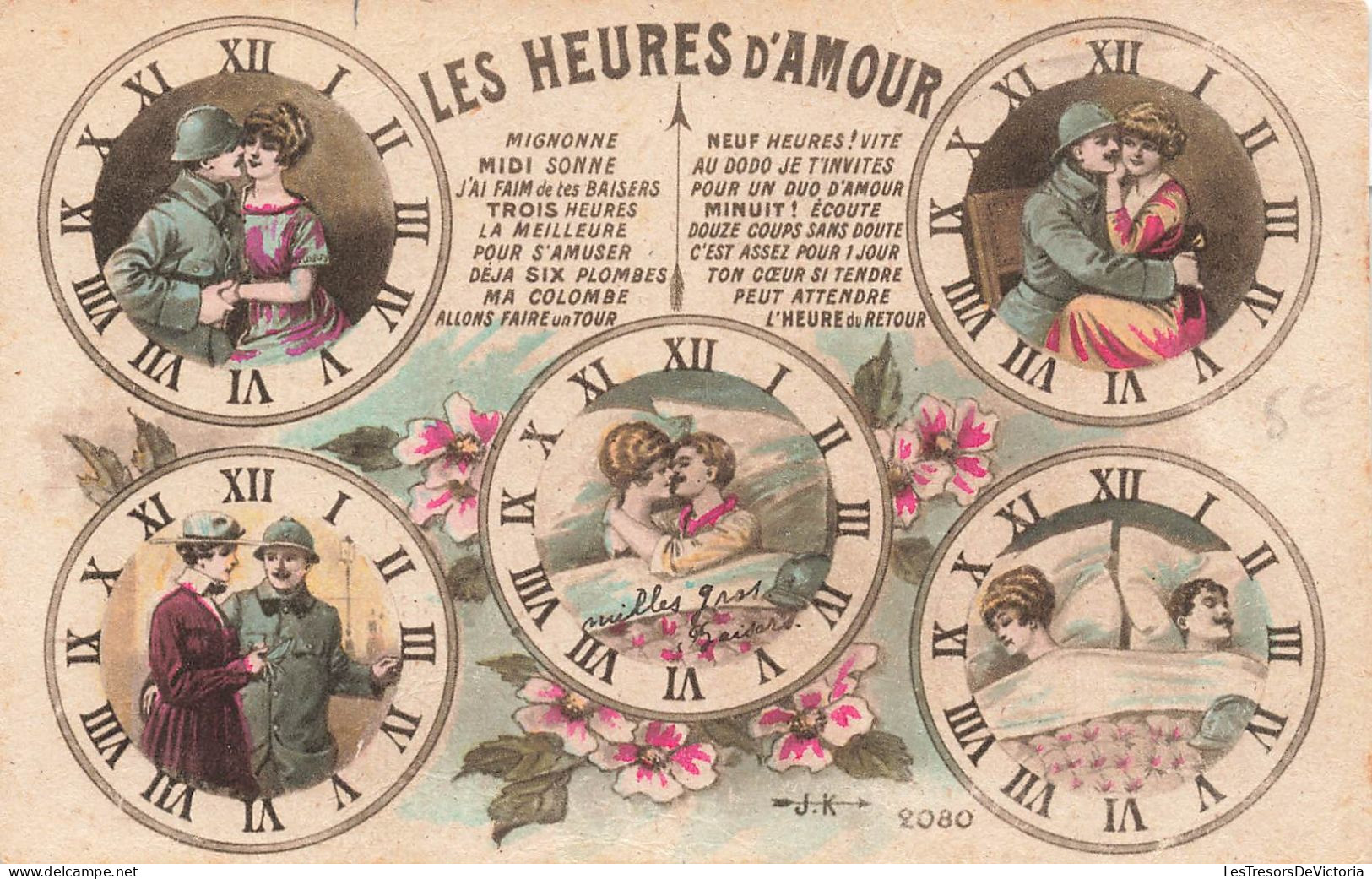 COUPLES - Les Heures D'amour - Baisers - Promenade - Au Dodo - L'heure De Retour -  Carte Postale Ancienne - Couples