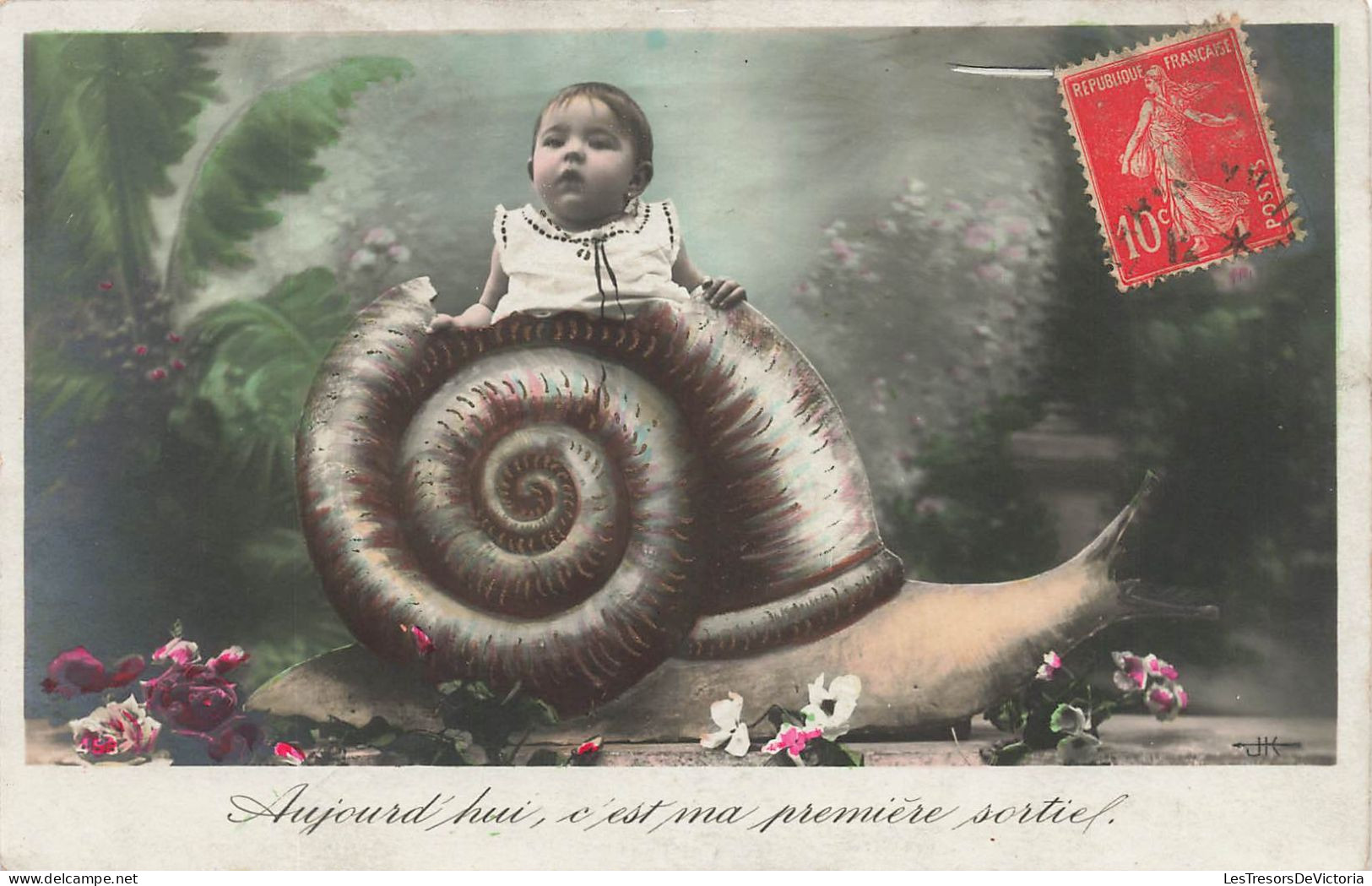FANTAISIES - Bébé - Aujourd'hui C'est Ma Première Sortie - Bébé Et Escargot Géant - Carte Postale Ancienne - Baby's