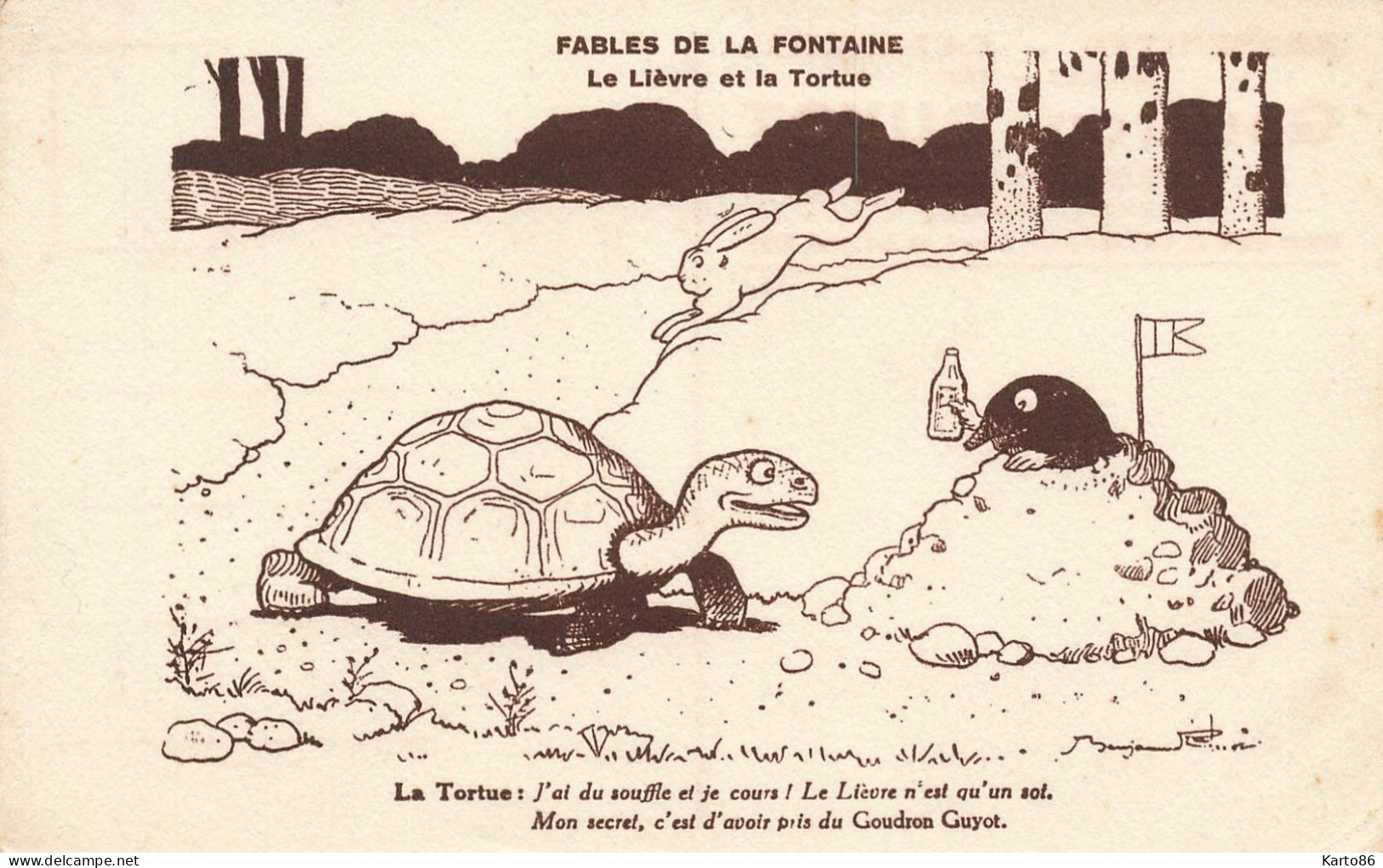 Benjamin RABIER * CPA Illustrateur Rabier * Fables De La Fontaine , Le Lièvre Et La Tortue * Publicité Goudron GUYOT - Rabier, B.