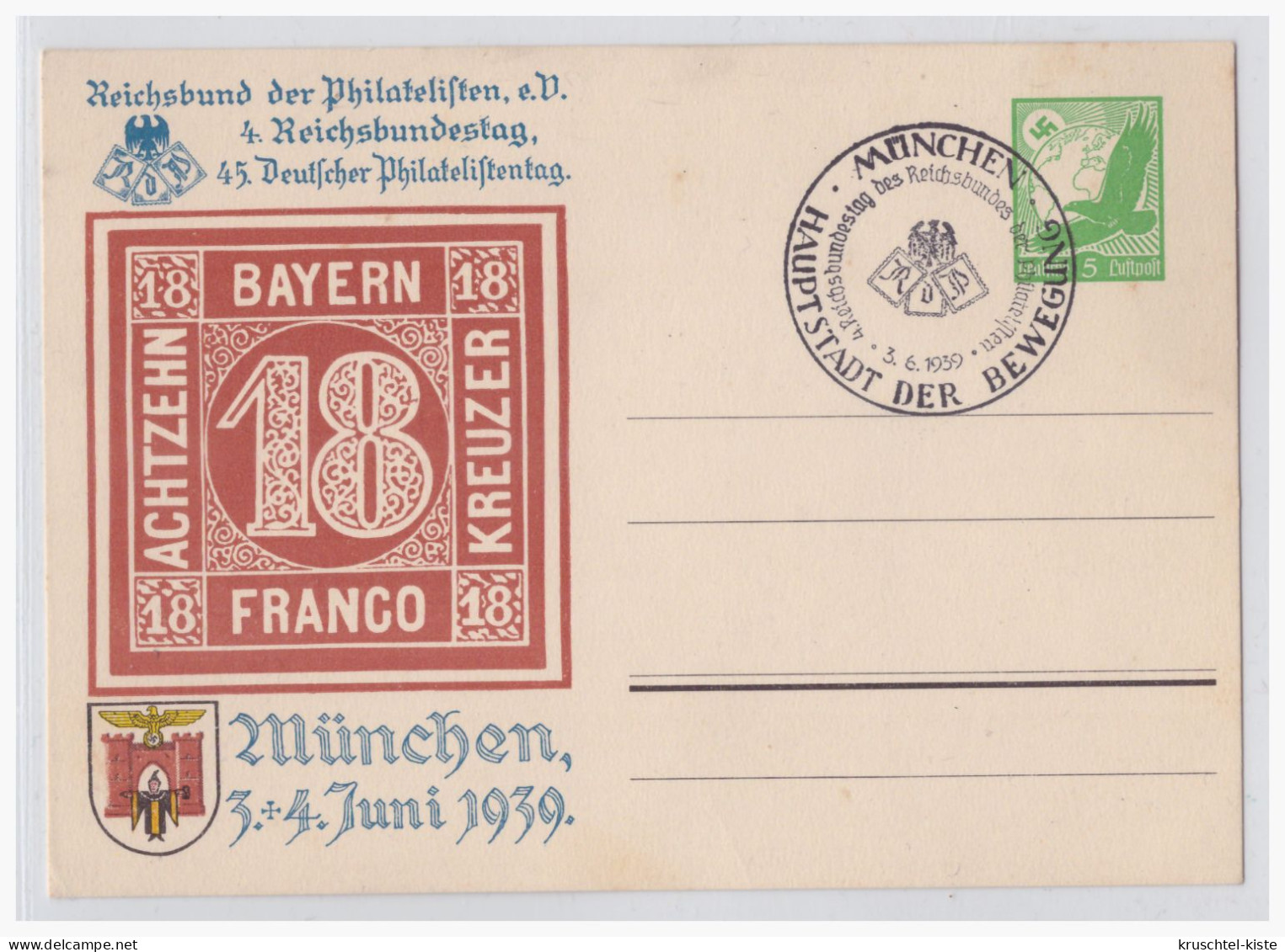Dt.- Reich (000999) Privatganzsache Fech PP142/ C45/ 01, Reichsbund Der Philatelisten München 3+4.6.1939, Blanco Gest - Entiers Postaux Privés