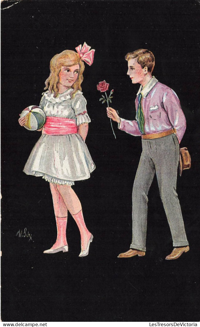 ILLUSTRATEUR - Un Jeune Garçon Offrant Une Roseà La Jeune Fille - W.SJX? - Colorisé - Carte Postale Ancienne - Other & Unclassified