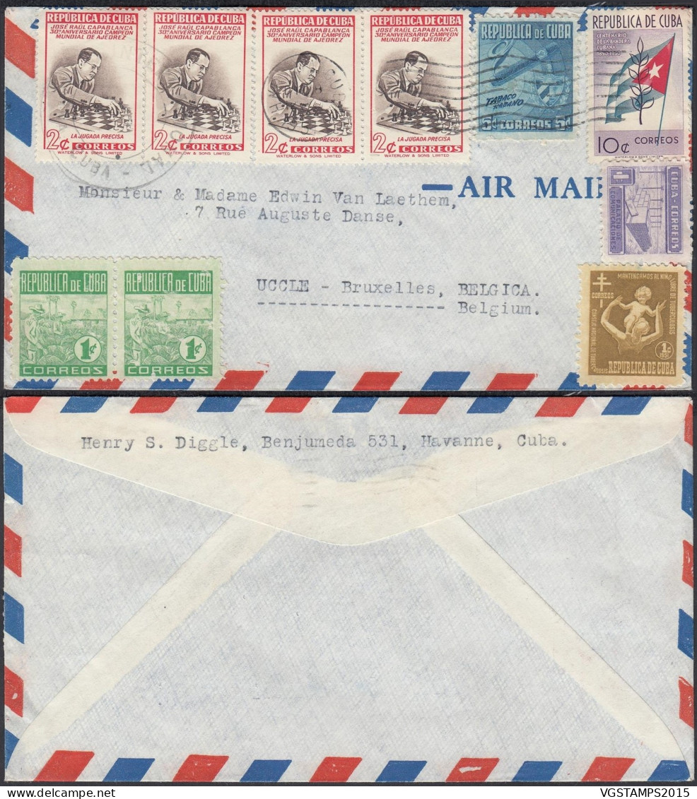 Cuba 1951 - Lettre Par Avion De L' Havanne à Destination Uccle-Bruxelles-Belgique. Theme: "Échec".... (EB) DC-12253 - Used Stamps