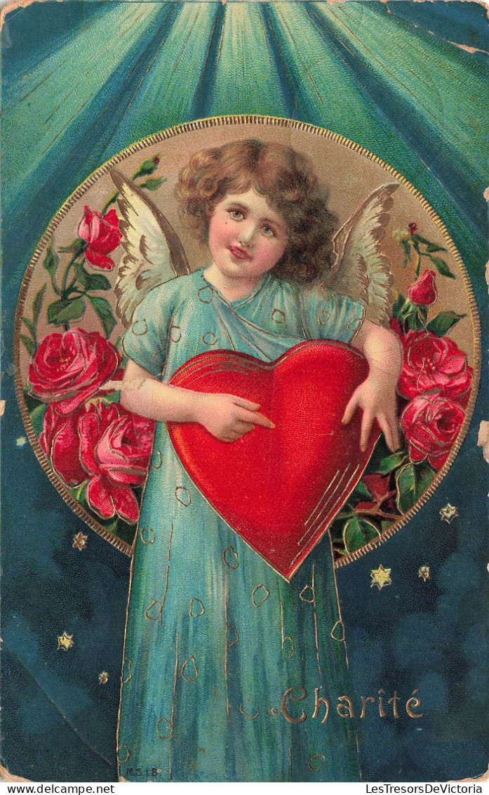 ANGE - Charité - Un Ange Avec Un Coeur Rouge Dans Les Bras - étoiles - Carte Postale Ancienne - Engelen