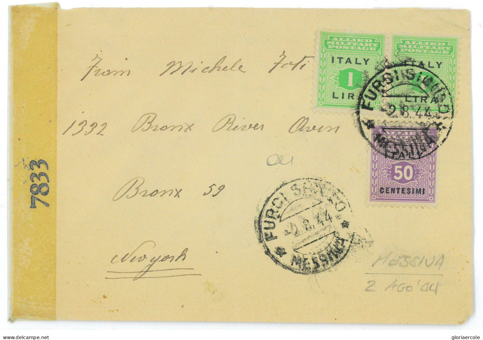 P2565 - ITALIA , OCCUPAZIONE ALLEATA DELLA SICILIA , IN TARIFFA DI L. 2,50 PER GLI USA, DA FURCI SICULO (R!) 1944 - Anglo-Amerik. Bez.: Sicilë