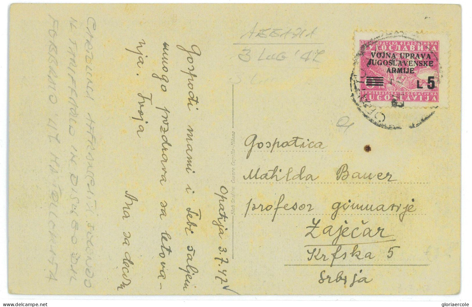 P2567 - ITALIA , LITOPRALE SLOVENO OCCU. MILITARE JUGOSLAVA DA ABBAZIA 1947 L. 5 ISOLATO - Anglo-Amerik. Bez.: Sicilë