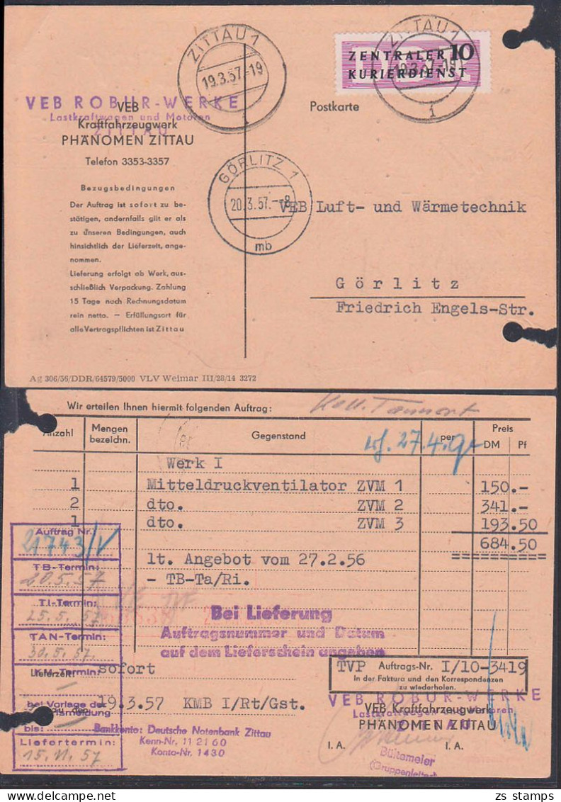 Zittau 19.3.57, "offene Sendung" ZKD B7 Auf Karte VEB ROBUR-Werke, Aktenlochung Ausgerissen - Briefe U. Dokumente