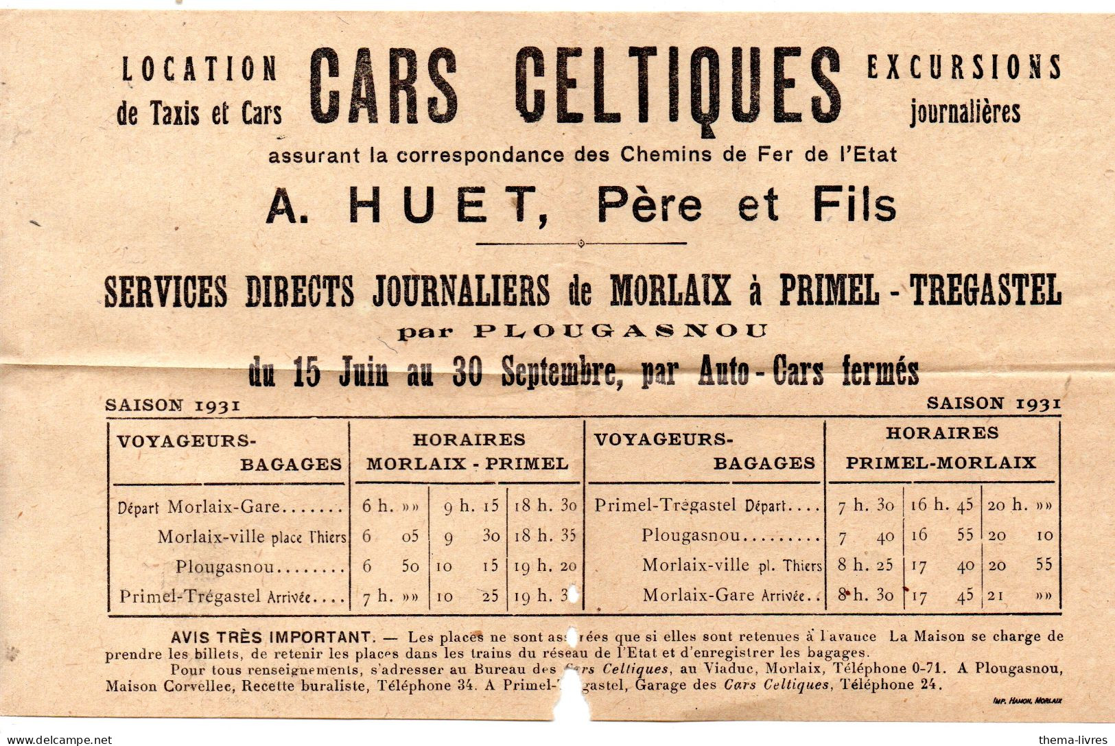 Morlaix (29) Horaires CARS CELTIQUES Morlaix A Primel Tregastel   1931 (PPP45760) - Europa