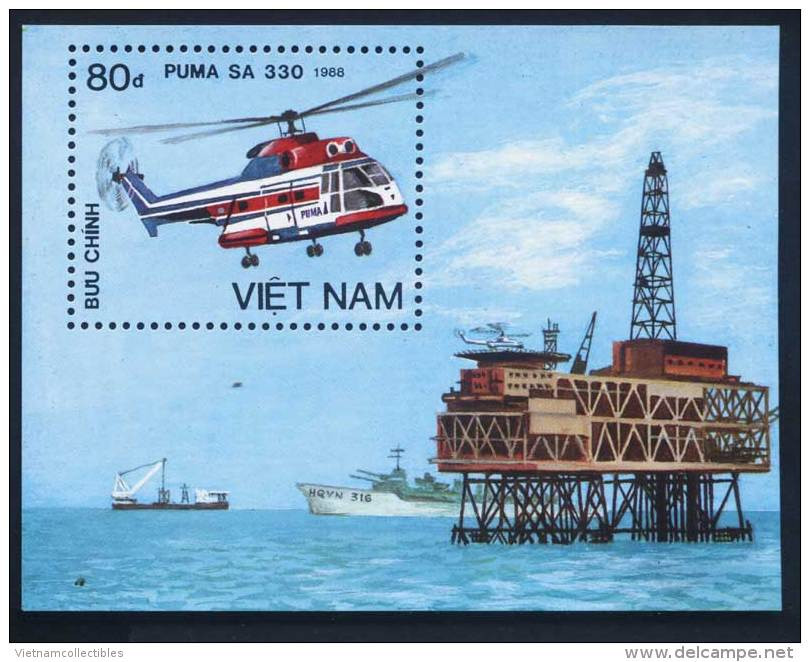 Vietnam Viet Nam MNH Perf Souvenir Sheet 1989 : Helicopter / Oil Rig (Ms565B) - Viêt-Nam