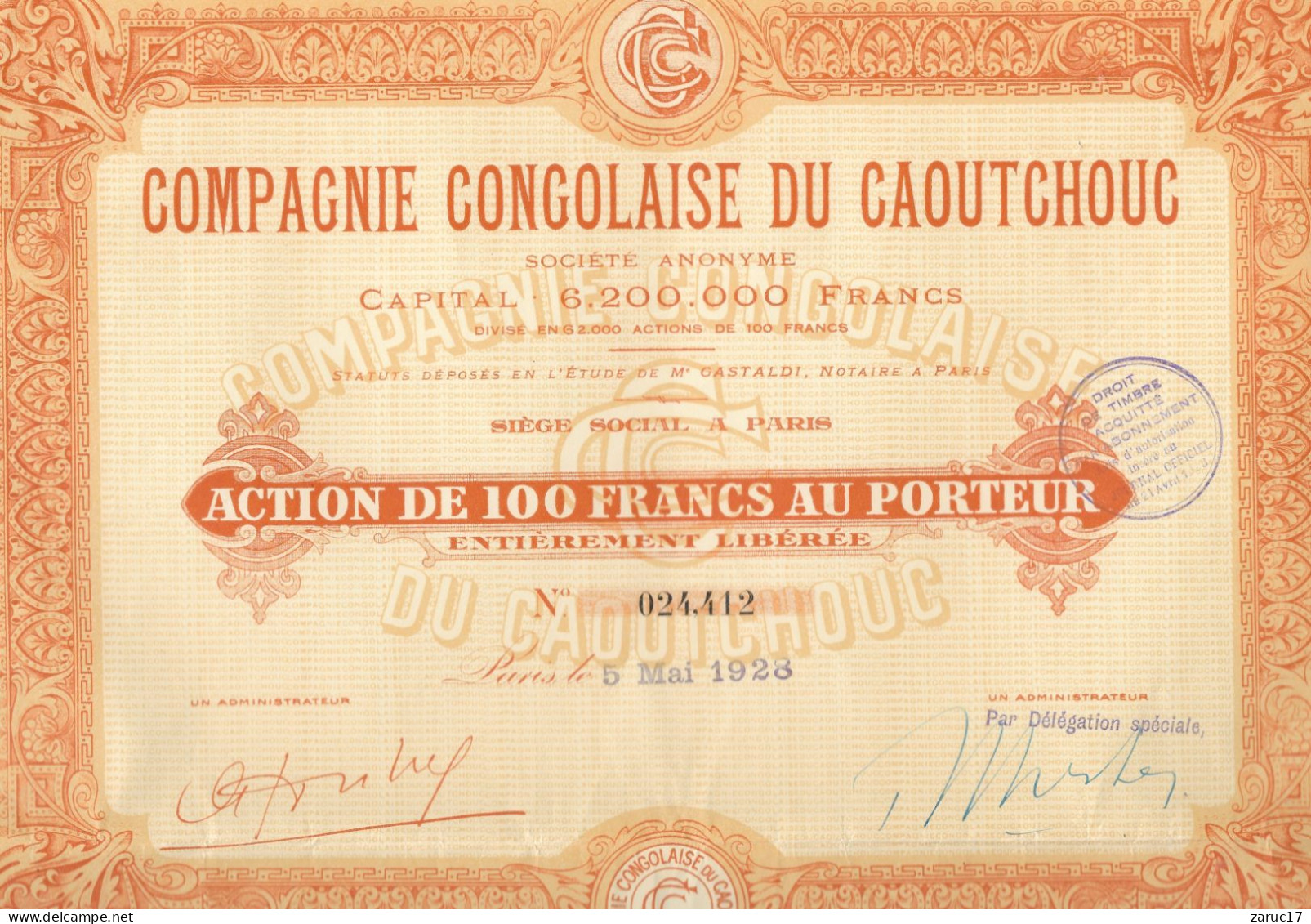 ACTION COMPAGNIE CONGOLAISE DU CAOUTCHOUC 1928 Paris 100 FRS AU PORTEUR - Afrika