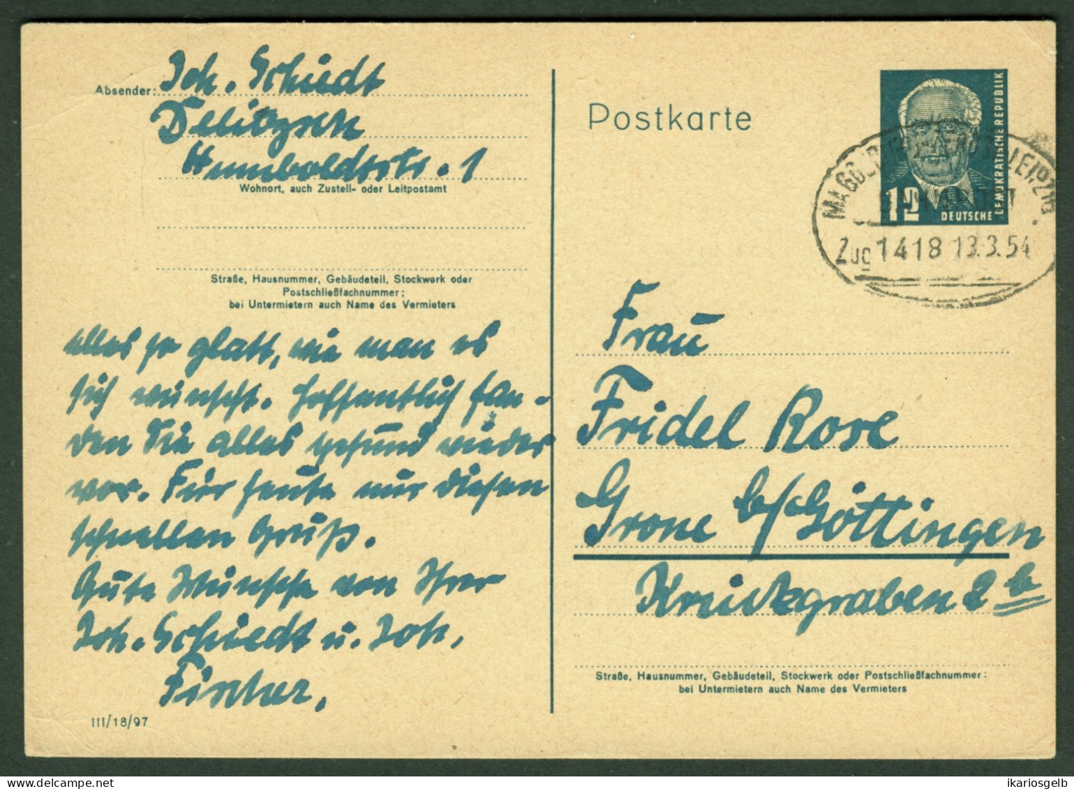 Bahnpost DDR 1954 Oval--o MAGDEBURG - LEIPZIG Auf GANZSACHE 12Pf-Pieck P50/o1 Aus Delitzsch > West Grone B Göttingen - Postcards - Used