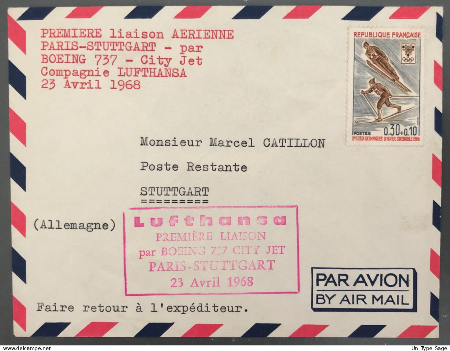 France, Premier Vol, Par Boeing 737 - Paris, Stuttgart 23.4.1968 - (B1446) - First Flight Covers