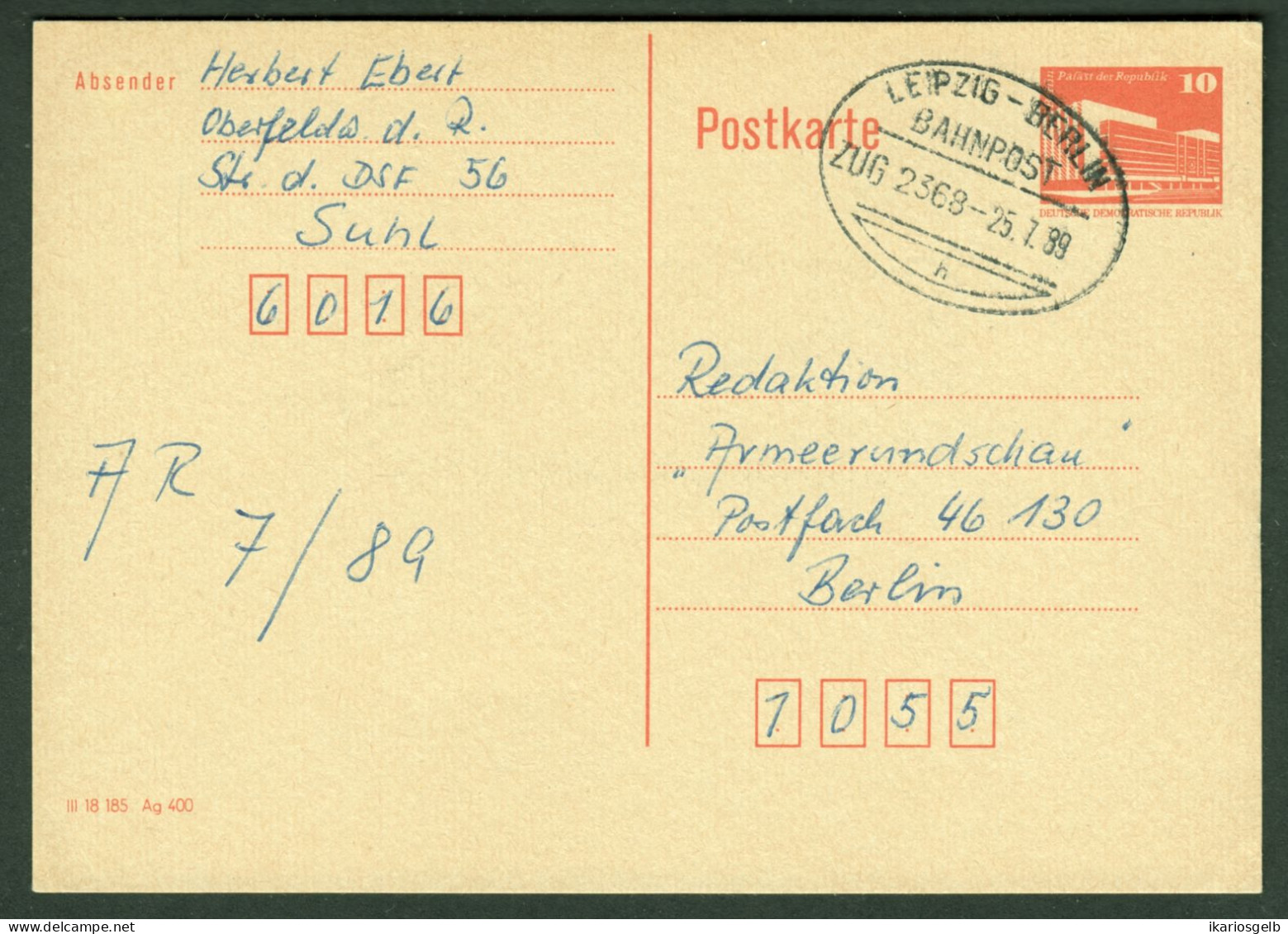 Bahnpost DDR 1989 Oval--o LEIPZIG - BERLIN Auf GANZSACHE 10Pf-Palast Der Republik Aus Suhl > Berlin - Postcards - Used