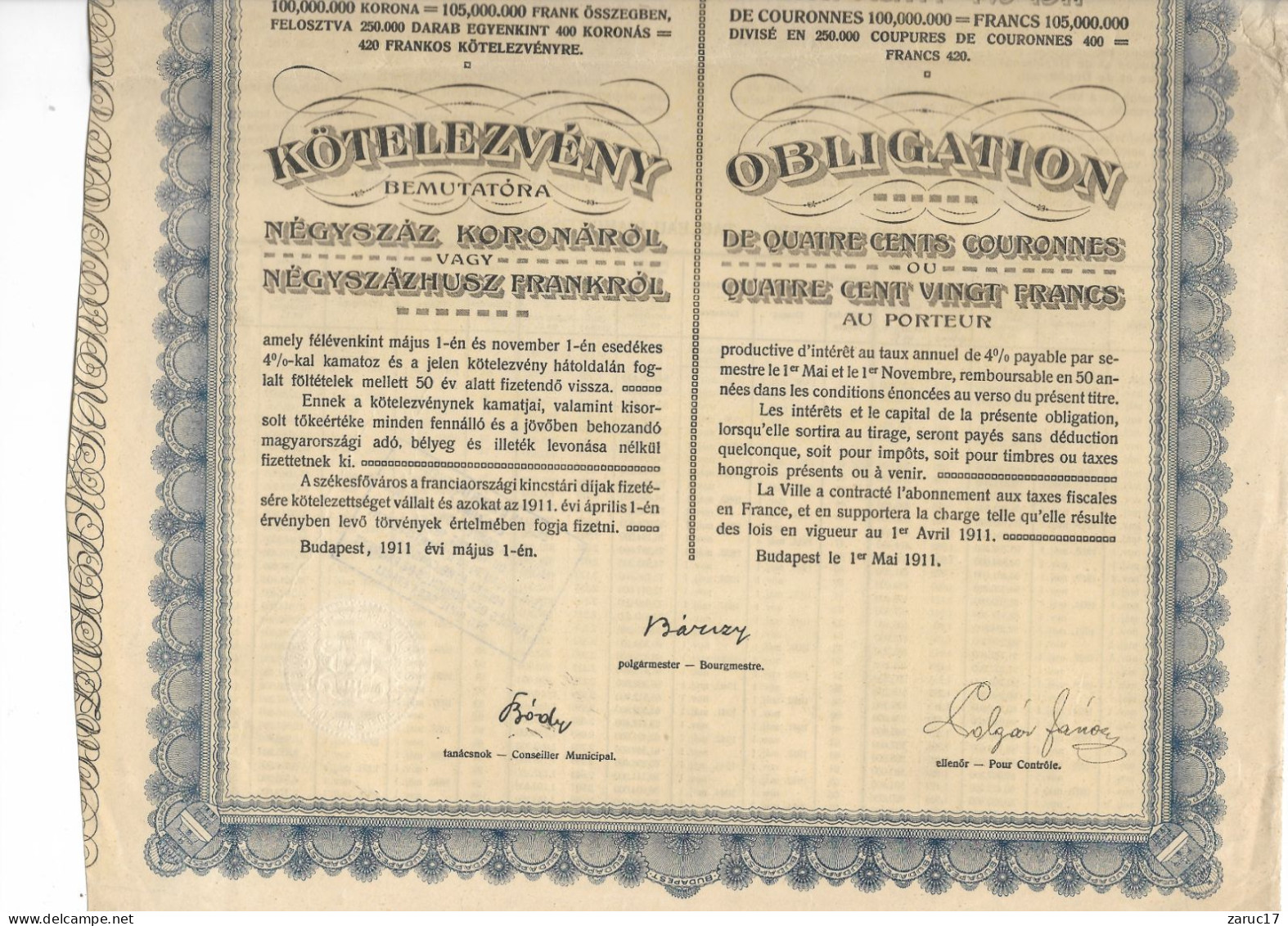 ACTION OBLIGATION 4% 1911 BUDAPEST HONGRIE 400 KORONA COURONNES HONGROISES AU PORTEUR - A - C