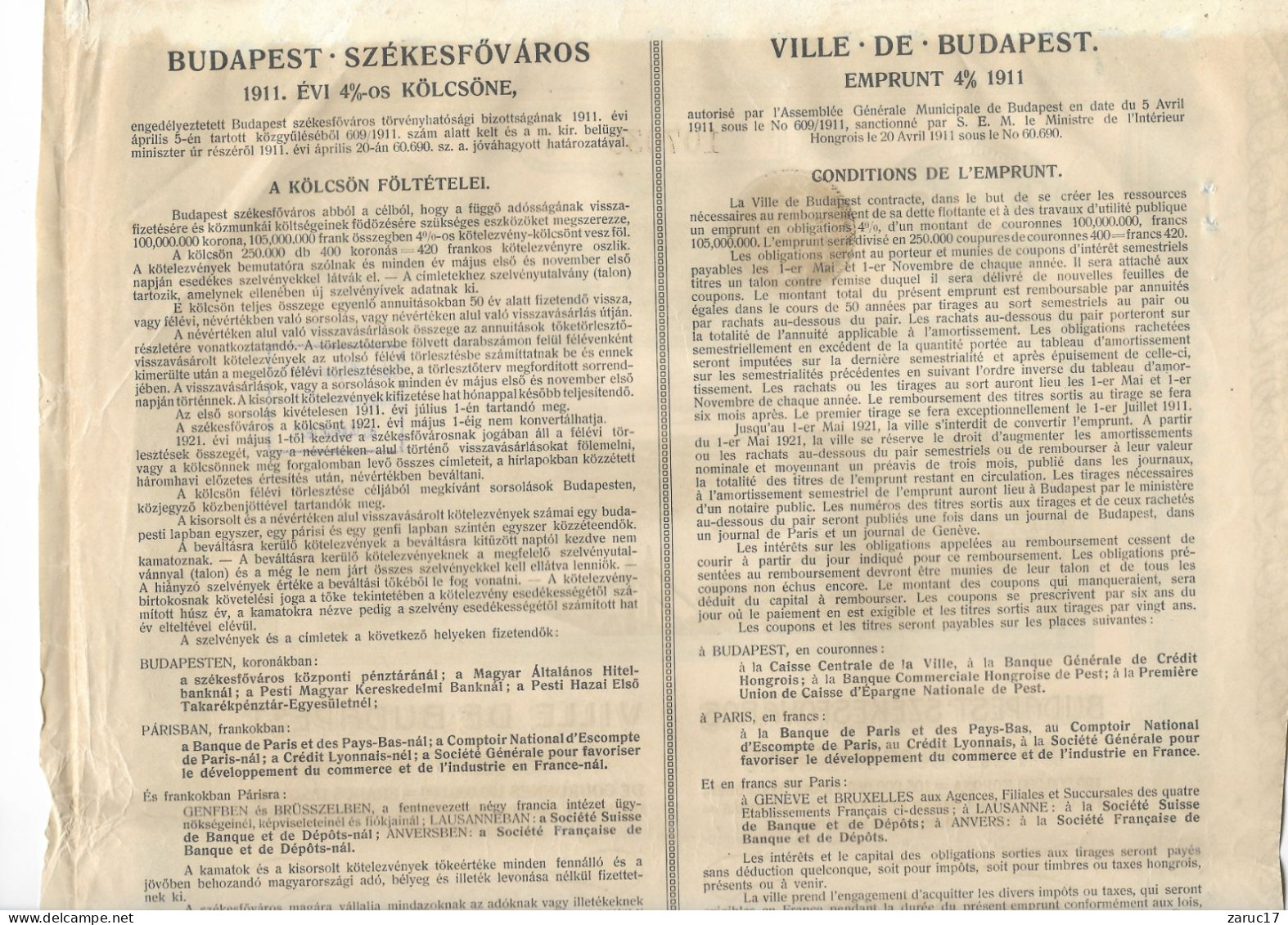 ACTION OBLIGATION 4% 1911 BUDAPEST HONGRIE 400 KORONA COURONNES HONGROISES AU PORTEUR - A - C