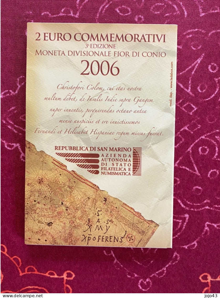 Pièce De 2 Euro Commémorative San Marino 2006  Christophe Colomb - Commémoratives