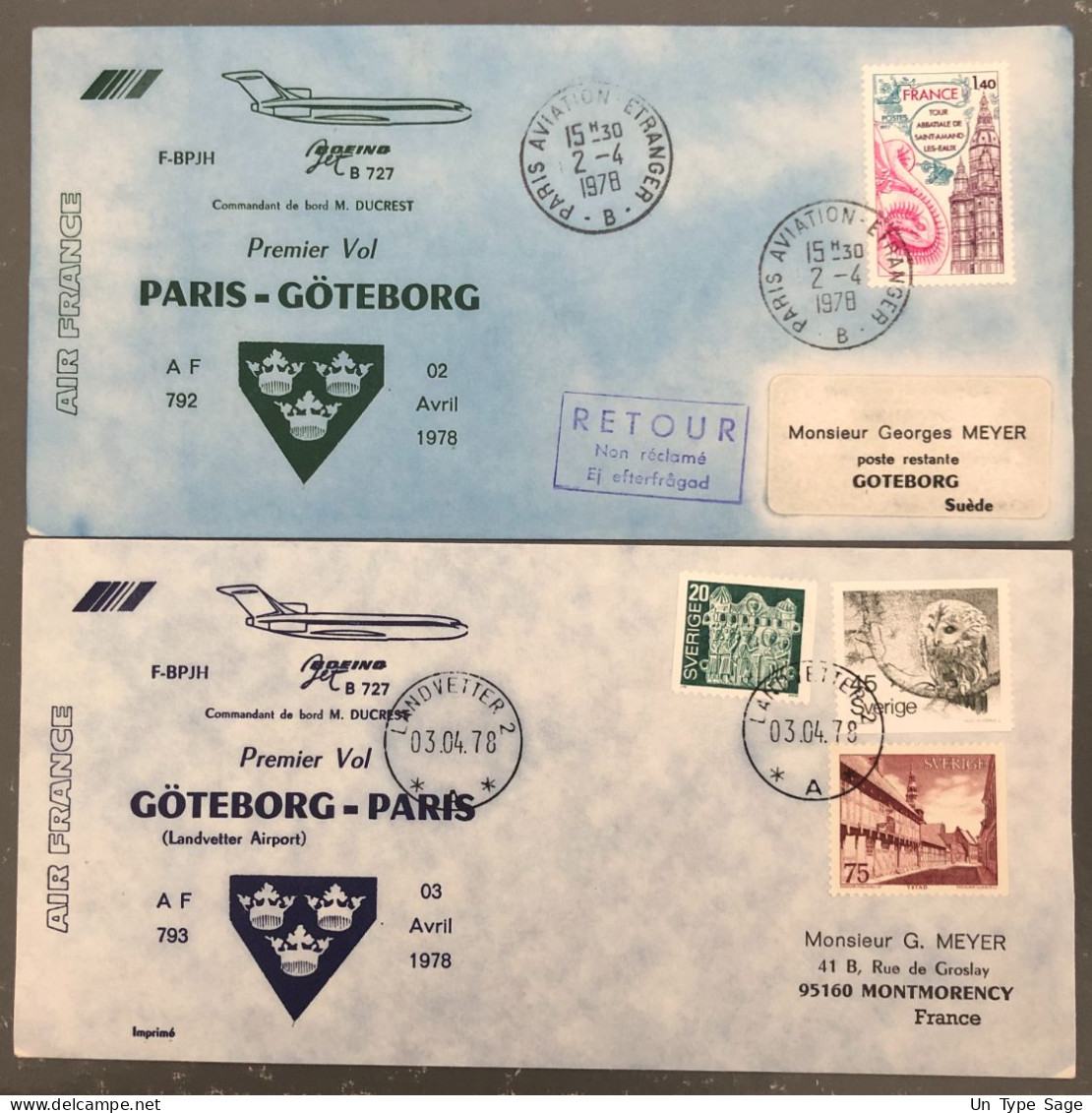 France, Premier Vol Paris, Göteborg 3.4.1978 - 2 Enveloppes - (B1461) - Primeros Vuelos