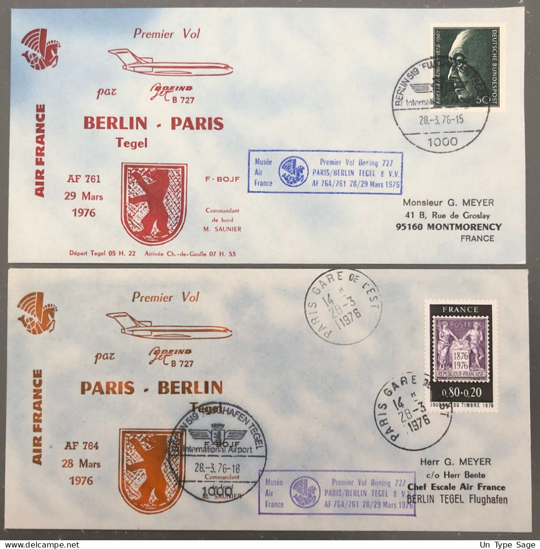 France, Premier Vol Paris, Berlin 28.3.1976 - 2 Enveloppes - (B1467) - Erst- U. Sonderflugbriefe